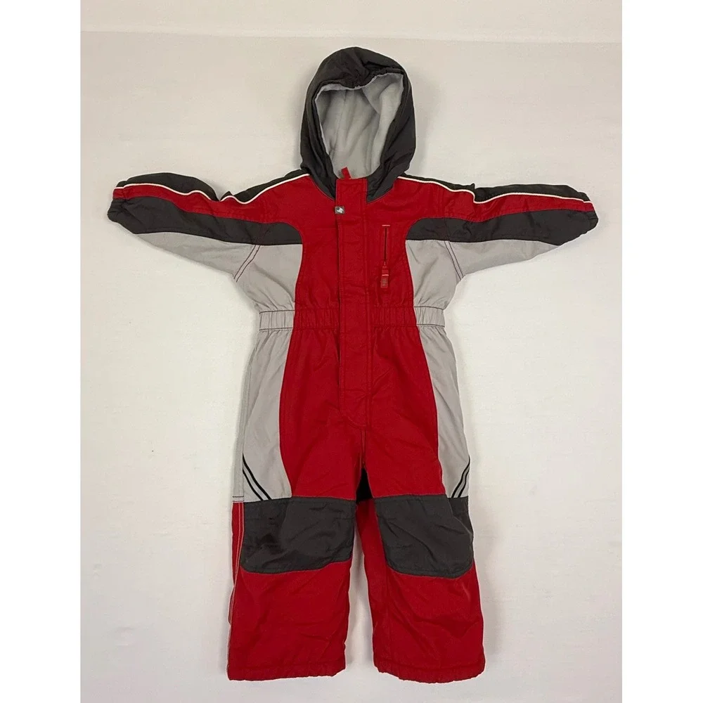Old Navy Toddler Unisex Red‎ Grey Colorblock Fleece Lined Hooded Snowsuit 2T